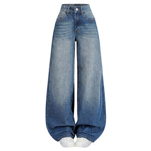 Vaqueros de mezclilla de mujer de cintura media, pierna ancha, largos, de algodón lavado a la piedra, estilo casual, azules, de corte regular, estilo primavera, con cinturón - Product Image 1