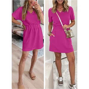 FOXA Vestido de verano para mujer con cuello en V, manga corta, cintura elástica, minivestido tipo camiseta, vestido informal para vacaciones en la playa con bolsillo - Product Image 6