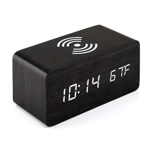 Oak/Pine/Beech/Birch/Walnut Wooden LED Alarm Clock with Wireless Charging and Polished Surface