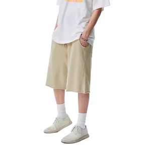 Wholesale Summer Raw Edge Washed Distressed Terry Anti-wrinkle Bermuda <b>Shorts</b> <b>Khaki</b> Loose Elastic Waist Sports <b>Shorts</b> for <b>Men</b> - Product Image 2
