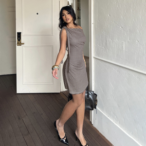 Robe courte à épaules dénudées pour femmes, imprimé à carreaux, style rétro Y2K, robe décontractée tendance pour femmes - Product Image 4