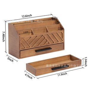 Wooden Desktop <b>Storage</b> <b>Box</b> 12.6x7.48x5inch With <b>Drawer</b> And Partitions For Office Stationery Organization - Product Image 1