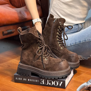 Stivali corti da donna in vera pelle Vintage in stile 2025 britannico lucidato a colori <span class=keywords><strong>con</strong></span> plateau antiquati per <span class=keywords><strong>lacci</strong></span> - Product Image 2