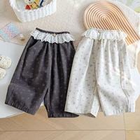Pantalon large en coton à imprimé floral et bordure en dentelle pour filles, style coréen, doux et chic, décontracté, printemps/automne