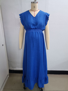 Disponibile - Vestito Lungo Premaman con Scollo a V, Maniche a Volant, Tinta Unita, Tessuto Testurizzato, Vita Arricciata e Orlo con Balze - Abito Estivo Casual - Product Image 6