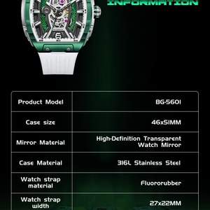 Montre automatique pour homme BG5601, montre-bracelet mécanique tonneau de 50 mm, cadran squelette, étanche 50 m, saphir lumineux - Product Image 6