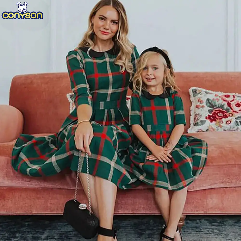 Conyson Frühjahr neu Eltern-Kind-Kleid Puppe Kragen Raster halbärmlig Trend schönes Freizeitkleid Mommy und Tochter passende Kleidung