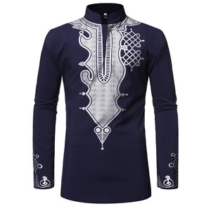 Chemises Traditionnelles Musulmanes pour Hommes Africains, Coupe Slim, Imprimées Noir, Bleu Marine et Doré, Manches Longues, Vente en Gros - Product Image 6