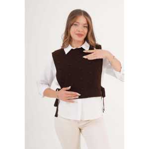 Chaleco de Punto Texturizado con Lazos Laterales en Color Café para Mujer, Prenda Exterior 100% Acrílica - Product Image 3