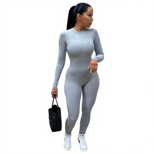 Women's Gray Full Length Knitted Jumpsuit Long Sleeve Crew Neck High Waist Tummy Control Shapewear Skinny Fit All Seasons - Product Image 1