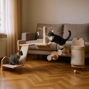 Étagère murale d'angle pour chat beige, arbre à chat 4 niveaux avec griffoir en sisal, perchoirs, style minimaliste intérieur - Product Image 2