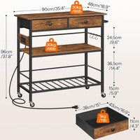 Küchen insel mit Stauraum, Rolling Island Cart für die Küche mit 2 Schubladen und Steckdose, 3-stufiger Kaffees tation und Mikrowellen ständer