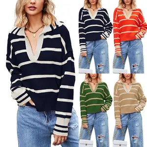 Odoodem sweter Polo 2024 wanita, Sweater rajut Pullover wanita warna kontras bergaris lengan panjang leher V longgar modis