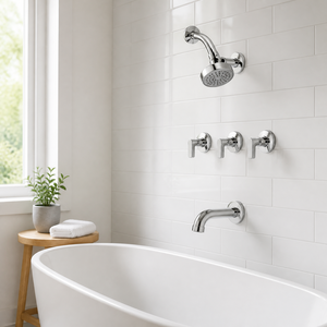 Ensemble de robinetterie de salle de bain chromé à montage mural, avec pommeau de <span class=keywords><strong>douche</strong></span> effet pluie, trois poignées, bec de baignoire et système de mitigeur poli - Product Image 5