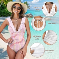Sin logotipo personalizado etiqueta privada lujo Sexy cuello en V Spandex correa de espagueti Rosa traje de baño de una pieza joven chica de 18 años en Bikini