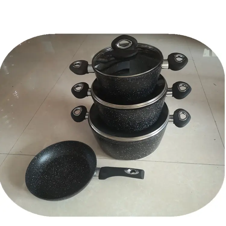 7 buah aluminium tempa hitam marmer lukisan antilengket peralatan masak SET aluminium antilengket CASSEROLE dan goreng panci SET