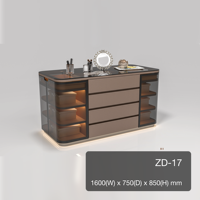 Table îlot de dressing moderne de luxe avec 4 tiroirs et armoires latérales en verre LED, en cuir microfibre beige pour elle