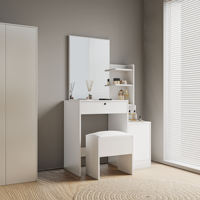 Coiffeuse moderne blanche avec miroir LED tactile, éclairage 3 couleurs, 4 tiroirs, étagères ouvertes et design mobile pour
