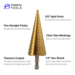Jeu de 3 forets étagés 4-32mm, TiN Coated 1/4 "Hex Shank HSS <span class=keywords><strong>Unibit</strong></span> Cone Hole Cutter for Thin Metal Sheets Aluminum Wood DIY - Product Image 3