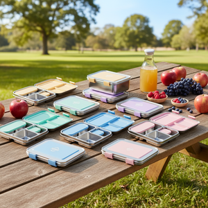 AOHEA Boîte à <span class=keywords><strong>lunch</strong></span> bento en acier inoxydable élégante et brevetée CPCLFGBFDA pour enfants, avec 3 compartiments et couverts, design personnalisé, idéale - Product Image 5