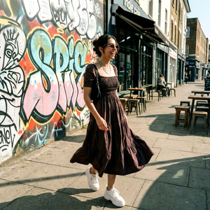 Vestido Midi de Mezclilla Espresso con Cuello Cuadrado y Mangas Cortas para Mujer, con Tela Ligera, Estilo Moderno y Ajuste Cómodo - Product Image 1