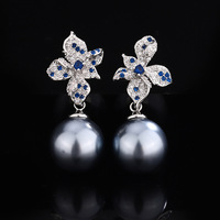 Venta Directa de Fábrica, Juego de Joyería de Perlas Negras y Circones Azules Florales, Collar y Aretes de Lujo Chapados en Oro de 18K para Mujer