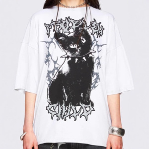 Poshprincess Esclusiva maglietta in stile europeo dal taglio ampio, sexy, estiva, retrò, con stampa gatto Y2K, a maniche corte, girocollo - Product Image 3