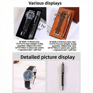 Ensemble cadeau de luxe exquis pour homme : montre-bracelet à quartz en cuir PU et stylo à bille, personnalisable avec logo, idéal pour les promotions - Product Image 4