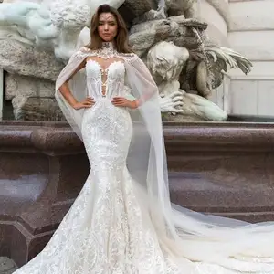 NDB10759 Nouvelle robe de mariée en dentelle à queue de poisson à col rond rêveur, robe de mariée blanche à traîne, deux activités de port - Product Image 1