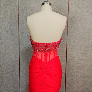 Abito da Sera Lusso Dubai Rosso Arabo Senza Spalline con Spacco Laterale e Perline, Stile <span class=keywords><strong>Sirena</strong></span>, per Occasioni Formali - Product Image 3