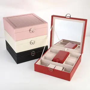 PU leather jewelry box with lock buckle portable mirror large capacity jewelry box earrings necklace ring dustproof storage box