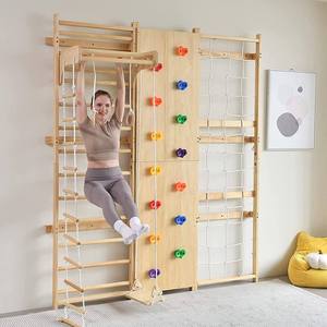 木製クライミングフレームジムセット キッズ用 カバー付きスウェーデン式梯子壁 子供用ロッククライミング ジャングルジム 屋内遊具 - Product Image 6