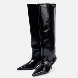 Wide Fit Women's Knee High <b>Boots</b> Ladies Big Size 46 Low Spike Heels Shoes Pointed Toe on Solid Long Booties - Product Image 2