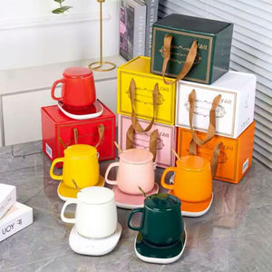 Mug à café en céramique moderne écologique avec logo personnalisé, avec coussin chauffant, contrôle de la température, cuillère - Ensemble cadeau pour le bureau et la maison - Product Image 1