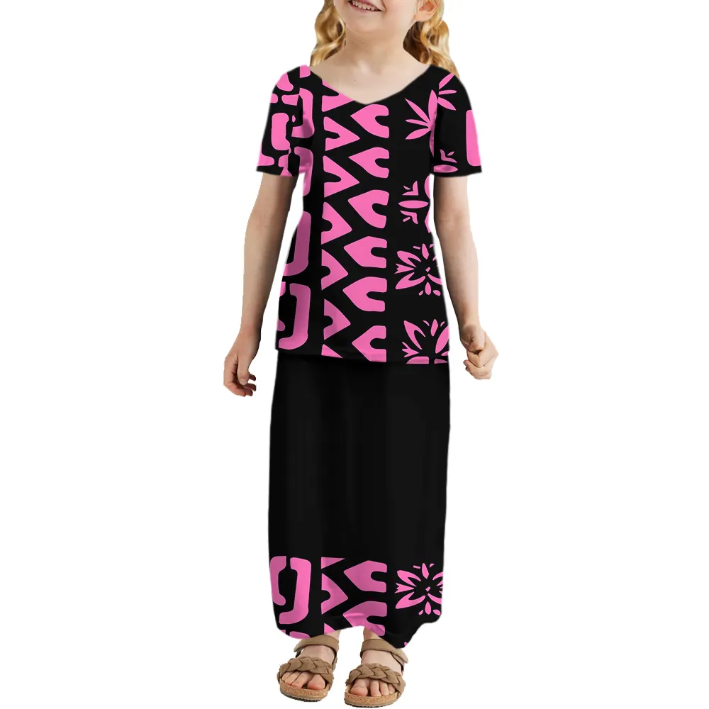 Nieuw Ontwerp Custom Kids Puletasi Samoa Ptaha Meisjes Jurk Pacific Eiland Kinderkleding Tweedelige Rok Pak Set Voor Kinderen