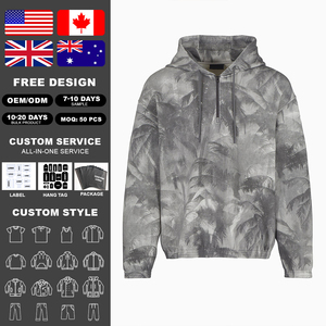 Sudadera con Capucha KingSen de Invierno Estilo Vintage Urbano con Cierre de Cremallera, Estampado Digital de Hojas de Palma, Detalles Bordados, Efecto Desgastado, Corte Regular - Product Image 2