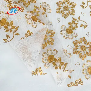 Tecido de crepe de tule 100% poliéster para organza com desenho dourado bordado para vestido ou casamento