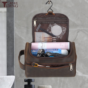 Tiding Genuine Leather <b>Toiletry</b> Bag Dark Brown Rectangle Portable Travel <b>Storage</b> - Product Image 2