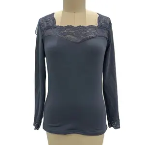 Clothing Stock Women's Lace Long Sleeve T-shirt Ladies 92%Polyester 8%Elastane Elastic Top