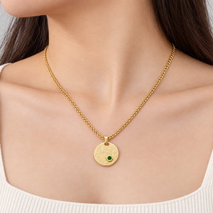 <b>Gold</b> Vacuum Plated Stainless Steel Cubic Zirconia Engraved Round <b>Disc</b> Pendant Necklace - Product Image 5