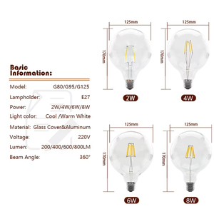 Ampoule à filament <span class=keywords><strong>LED</strong></span> Offres Spéciales à intensité variable G80 <span class=keywords><strong>G95</strong></span> G125 <span class=keywords><strong>E27</strong></span> 110V/220V 2200k-6000k Éclairage pour résidentiel 2W 4W 6W AC/DC pour usage domestique - Product Image 5
