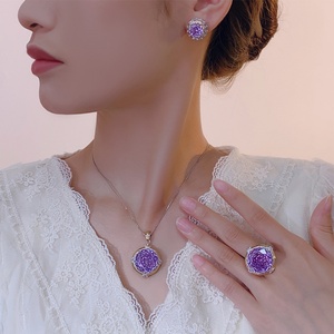 Wholesale Fashion Eco-friendly Copper 18-10MM Violet Zircon Floral Jewellery <b>Set</b> With Pendant Necklace and <b>Earrings</b> - Product Image 6
