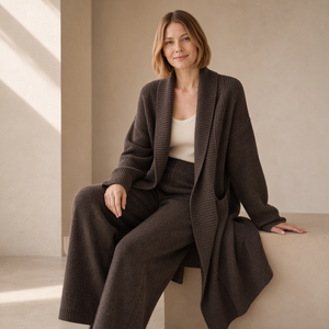 <span class=keywords><strong>Cardigan</strong></span> Lungo da Donna in Cashmere Lavorato <span class=keywords><strong>a</strong></span> Maglia, <span class=keywords><strong>con</strong></span> <span class=keywords><strong>Collo</strong></span> <span class=keywords><strong>a</strong></span> <span class=keywords><strong>Scialle</strong></span>, Apertura Frontale e Tasche, OEM Ingrosso - Product Image 6