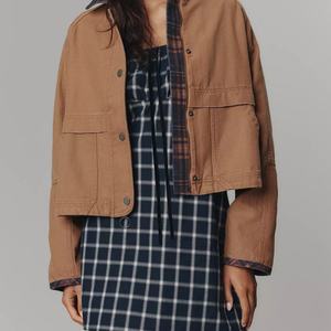 Veste en jean décontractée pour femme, coupe ample, style rétro, en tissu de coton perlé à carreaux, effet délavé, coupe courte, style workwear - Product Image 3