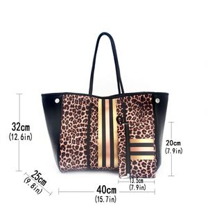 Sac à main promotionnel imprimé léopard en néoprène noir, idéal pour les loisirs et les voyages, en stock, accessoire féminin - Product Image 2