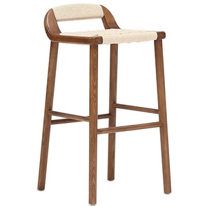 Modern Solid Wood High <strong>Bar</strong> Stool Dining Kitchen Counter Vintage Woven <strong>Height</strong> Lounge Chair Nordic Luxury <strong>Breakfast</strong> Commercial Use - Product Image 1