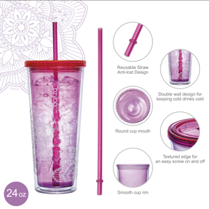 Venta caliente 24Oz vaso de plástico frío vaso de plástico rosa con pajita - Product Image 3