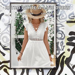 Vestido Mini Blanco con Cuello en V, Mangas con Volantes, Corte en A, con Bordado de Encaje, Estilo Boho Casual de Verano - Product Image 2