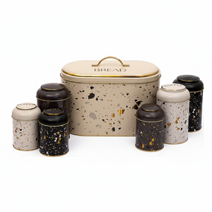 7 Pcs Round Tin <b>Box</b> Kitchen <b>Set</b> Dome Lid Terrazo Terrazo Design - Product Image 2