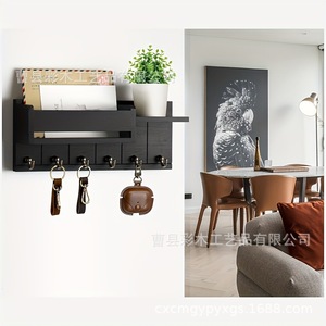 Wooden Wall Mounted Key Rack With <b>Hooks</b> And Shelves Farmhouse Style Entryway Kitchen Living Room Storage Organizer - Product Image 3